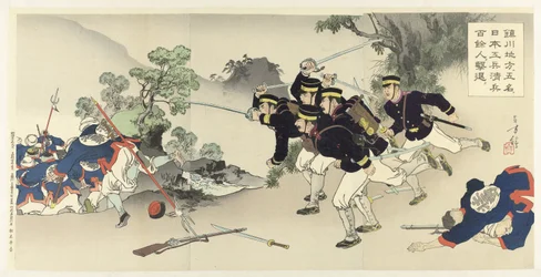 I Chinchon-regionen utviser fem militæringeniører mer enn hundre kinesiske soldater Chinsen chihô ni gomei no Nihon kôhei Shinhei hyakuyonin kitai