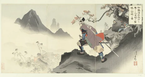 Kato Kiyomasa ødelegger og fanger Orangais palass ved å rulle ned en stein. Kato Kiyomasa oishi korogashite Orankai no kenjo o uchiyaburu zu. (tittel på objekt)