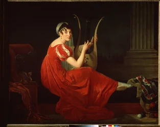 Portrett av Josephine Budayevskaya. Elegant kvinne med harpe. Maleri av Mademoiselle Riviere (1780-?)