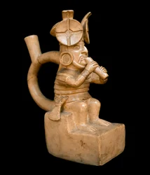 Precolombiansk kunst, mokisk sivilisasjon (stygg): antropomorf terrakottavase som representerer en karakter som spiller Quena, fløyte i Andesfjellene. 200 f.Kr.-700 e.Kr. Lima, Nasjonalmuseet for antropologi og arkeologi, Peru