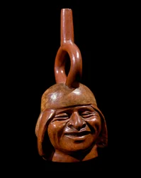 Førkolumbisk kunst, Moche-kulturen: antropomorf vase kalt «Den leende mannen». 200 f.Kr.-700 e.Kr. Lima, Nasjonalmuseet for antropologi og arkeologi, Peru