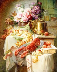 Stilleben med hummer og diverse frukt og blomster,