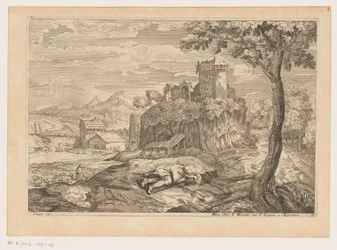 Landschap met rustende herder, op de achtergrond een rivier met brug en watermolen Landschappen naar Titiaan (series title)   1341832   no       norwegian Successfully Translated  Original: Landscape with Three Gabled Cottages Beside a Road Translat: Lands