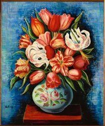 Blomsterbukett med tulipaner og liljer