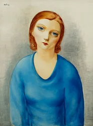 Ung kvinne i blå bluse; Ung kvinne med blå overdel, ca. 1925 (olje på lerret)