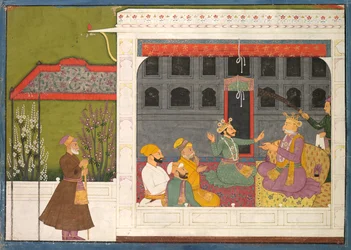 Shishupal argumenterer med Rukminis far, Bhishmaka, side fra en Rukmani Mangal-serie, ca. 1800.