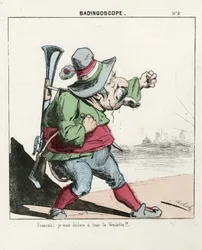 Flyvende blad, nummer 5, Satirisk i farger, ca. 1870: Badingoskop - Kommune i Paris/Krig/Beleiring, Jakt, republikkens president - Napoleon III - Illustrasjon av Moloch (1849-1909)