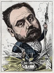 Portrait of Emile Zola (1840-1902) French writer in “” Le Trombinoscope”” by Touchatout, caricature by B. Moloch of 1882 (1849-1909). Private collection.