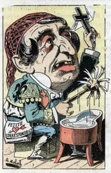 Allegori av den franske avisen Le Figaro i "" Le Trombinoscope"" av Touchatout, tegneserie av B. Moloch fra 1882 (1849-1909). Privat samling.