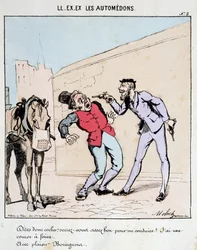 HAN. EX. EX. Motoredons: Tegneserie av transport i byen. En borgerlig ber høflig en kusk kjøre ham mens han truer ham med våpen. Tegning av Moloch (1849-1909), rundt 1860.