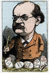 Portrett av Alexandre Charles Lecocq (1832-1918), fransk komponist i "" Le Trombinoscope"" av Touchatout, karikatur av B. Moloch fra 1882 (1849-1909). Privat samling.
