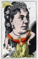 Portrett av Emma Valladon dit Theresa (1837 -1913) sanger av fransk kabaret i "" Le Trombinoscope"" av Touchatout, tegneserie av B. Moloch fra 1882 (1849-1909). Privat samling.