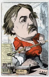 Portrett av Gustave Dore, tegneserieskaper og gravør 1832-1883 i "" Le Trombinoscope"" av Touchatout, karikatur av B. Moloch fra 1882 (1849-1909). Privat samling.