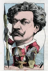 Portrait of Louis Alexandre Gosset de Guines dit Andre Gill (1840 - 1885) French poet painter in “” Le Trombinoscope”” by Touchatout, cartoon by B. Moloch of 1882 (1849-1909). Private collection.