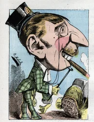 Portrett av en "" gummy "" ung mann har en opprørende eleganse og begrenset til latterliggjøring (dandy, elegant, fishy, tyktflytende) i "" Le Trombinoscope"" av Touchatout, karikatur av B. Moloch fra 1882 (1849-1909). Privat samling.