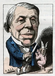 portrett av Philippe Ricord (1800-1889), fransk kirurg i "" Le Trombinoscope"" av Touchatout, tegneserie av B. Moloch fra 1882 (1849-1909). Privat samling.