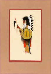 Cheyenne Warrior i fjærhodeplagg med skjold, ca. 1915-1937.