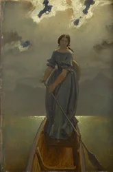 Båtkvinnen baronesse Marie Spaun ved Gmunden-sjøen, ca. 1851.