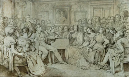 En kveld hos Baron Spaun, Schubert ved pianoet, tenoren Johann Michael Vogl synger … (blekk, sepia)