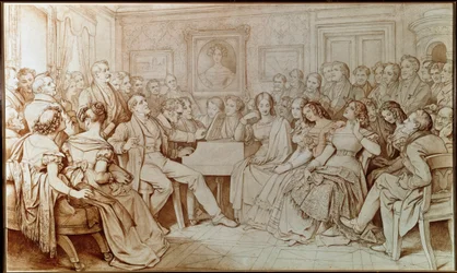 Komponisten Franz schubert akkompagnerer tenor Johann Michael Vogl på en musikalsk kveld på Baron von Spaun (Tegning