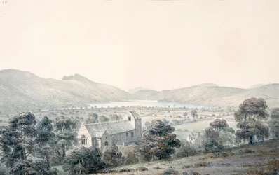 Utsikt over Bala Pool, Llyntagit, ovenfra Llanfawr Church, Meirionethshire