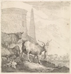 Geiter og kyr ved et rundt tårn med en obelisk Firbeinte dyr (serietittel)