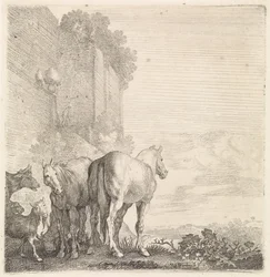 To hester med geiter og en ku ved en høy (by)mur Firbeinte dyr (serietittel)