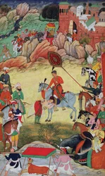 Adham Khan hyller Akbar i Sarangpur, Sentral-India, i 1560 eller 1561, fra Akbarnama, 1590-98