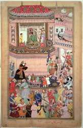 Akbar gir audiens, av Husays Naggash og Kesu, fra #39;Akbarnama#39;, Mughal, ca. 1590