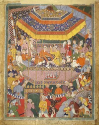 Alamshah samtaler med Qubad, illustrasjon fra Hamza Nama, ca. 1555-57 (kroppsfarge på bomull)