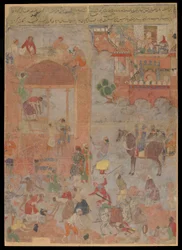 Anushirvan legger grunnlaget for Ctesiphon at an Auspicious Hour, Manuscript folio, ca. 1560-1565 (ugjennomsiktig akvarell, blekk og gull på stoff, montert på papp)