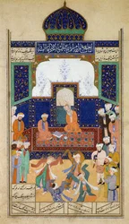 Dervisjer danser til musikk før deres Shaik og en disippel, fra Khamsah of Prince Khusrau, Matla al-Anvar, 1485 (890 Hijra)