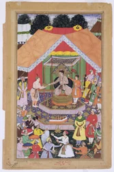 Keiser Akbar (r.1556-1605) underholdt av fosterbroren Azim Khan i Dipalpur, Punjab, 1571, fra Akbarnama laget av Abul Fazi, 1590-98 (ugjennomsiktig wc og gull på papir)