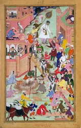 Keiser Akbar (r.1556-1605) inspiserer bygningsarbeidet ved Fatepur Sikri, by fullført 1584, fra Akbarnama, 1590-98 (ugjennomsiktig wc og gull på papir)