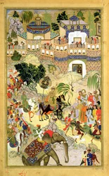 Keiser Akbars triumferende inntog i Surat, fra Akbarnama laget av Abul Fazl (1515-1602) 1590-98 (ugjennomsiktig wc og gull på papir)