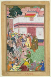 Fatepur Sikiri, 1573: Hasain Quli Khan-l Jahan presenterer fangene sine for keiser Akbar (r.1556-1605), fra Akbarnama laget av Abul Fazi, 1590-98 (ugjennomsiktig wc og gull på papir)