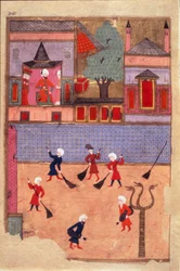 Street Sweepers Side hentet fra kallenavnet-i Humayun (etternavn i Humayun) eller 'Bok av festligheter' (ms. hazine 1344, fol. 341 a) illustrert av Osman. rundt 1582 (Istanbul) Istanbul, Topkapi Seray