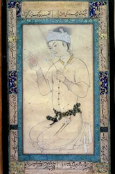 En ung mann med bøker og narcisser persisk miniatyr ved Muhammad Shaykhs gouache