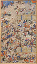 Kamp mellom iranere og turanere, Folio fra en Shahnama Book of Kings, 1562-83. Skapere: Muhammad ibn Taj al-Din Haidar Muzahhib Shirazi, Muhammad al-Qivam al-Shirazi.
