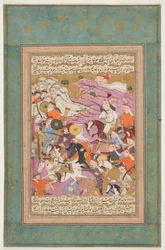 quot;Shah Ismaʿil beseirer Amir Husayn og Murad Begquot;, fra Bijans Tarikh-i Jahan-gusha-yi Khaqan-i Sahib Quiran (A History of Shah Isma#39;il I). Iran, Isfahan, ca. 1688 (ugjennomsiktig akvarell, gull og blekk på papir)
