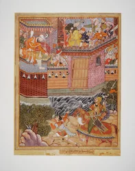 Hamza og Umar utveksler fornærmelser med Ghazanfar og utfordrer ham til kamp utenfor festningen Armanus, ca. 1570 (Ugjennomsiktig akvarell, blekk og gull på stoff med papirbakside)