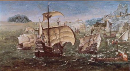 PORTUGISISKE BÅTER PÅ EN STEEKYST - XVI CENTURY -O / L - 78 × 144 - KOPI AV ORIGINALEN AV GREENWICH-MUSEET