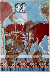 Mykensk kunst: par på en tank. Fragment av freske fra Tiryns-palasset og rekonstitusjon