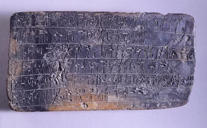Nettbrett innskrevet i Linear B, terrakotta fra Nestor Palace-arkiver i Pylos (Hellas), mykensk sivilisasjon, ca 1200-tallet f.Kr.