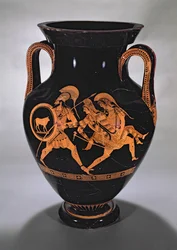 Loftsbukamfora med rød figur som viser bortføringen av Antiope med Theseus og Pirithous, ca. 500-490 f.Kr. (keramikk)