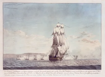 64-kanoners skip «Dictator» (1783) i kamp mot danske kanonbåter, 26. juni 1808, ca. 1810 (farget litografi)