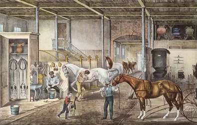 Modellstall der gutter og brudgom virkelig tar vare på hester, gravering fra boken «America» av Currier og Yves 1870