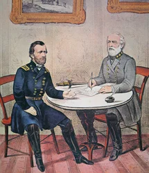 General Robert E. Lee (1807-70) overgir seg til general Ulysses S. Grant (1822-85) ved Appomattox tinghus, 9. april 1865 (lito i farger)
