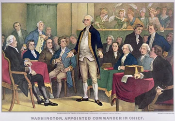 George Washington (1732-99) utnevnt til øverstkommanderende, utgitt 1876 (farge litho)