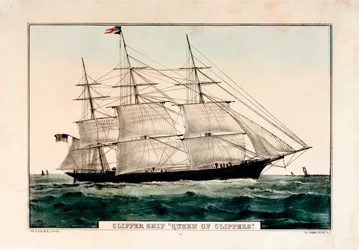 Litografi med tittelen «Clipper Ship, Queen of Clippers», 1853 av N. Currier